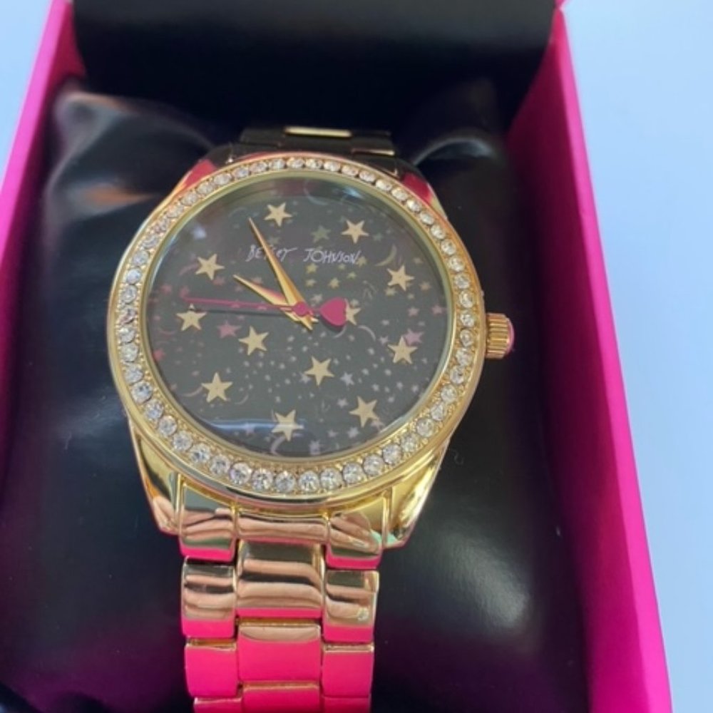 Betsey Johnson Boyfriend Watch wide Gold Link Bracelet & Rhinestones